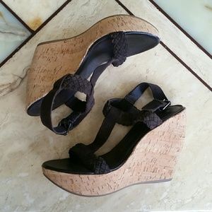 Brown Leather Platform Cork Wedges 10